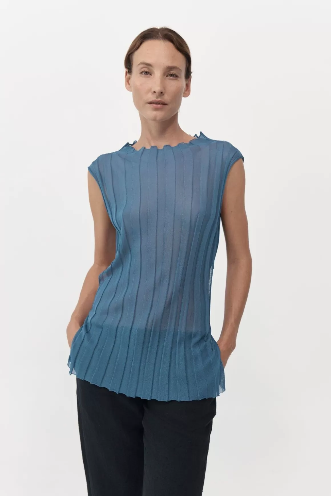 St. Agni Fine Pleat Knit Top - Steel Blue