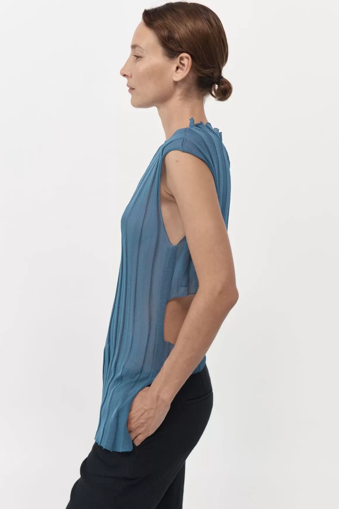 St. Agni Fine Pleat Knit Top - Steel Blue