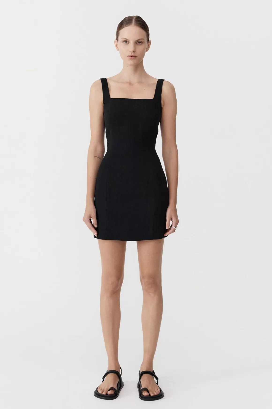 St. Agni Linen Square Neck Mini Dress - Black