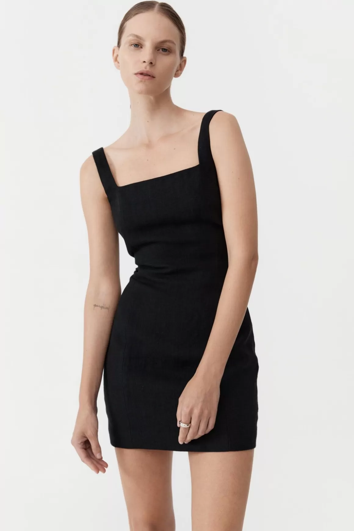 St. Agni Linen Square Neck Mini Dress - Black