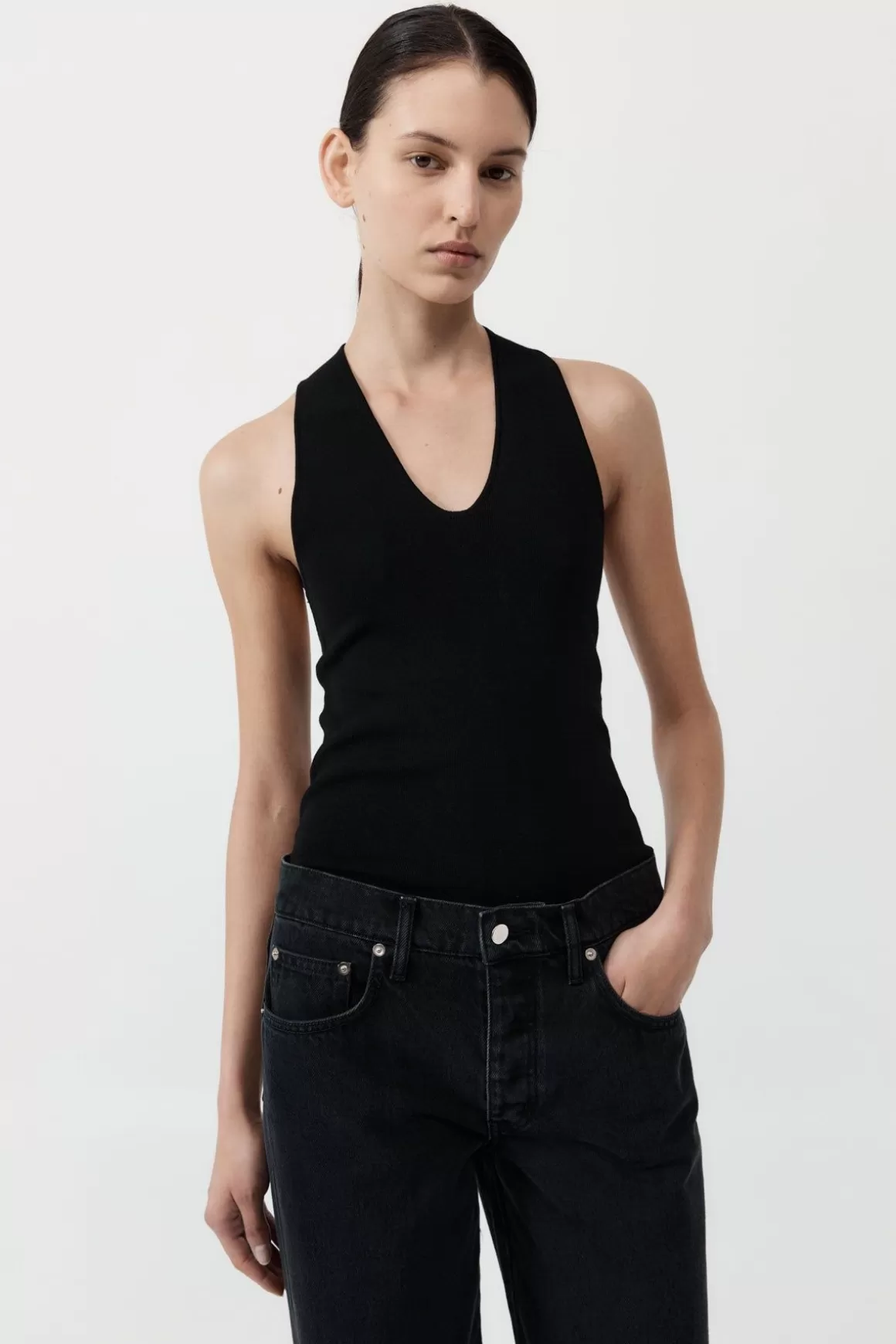 St. Agni Plunge Neck Knit Top - Black