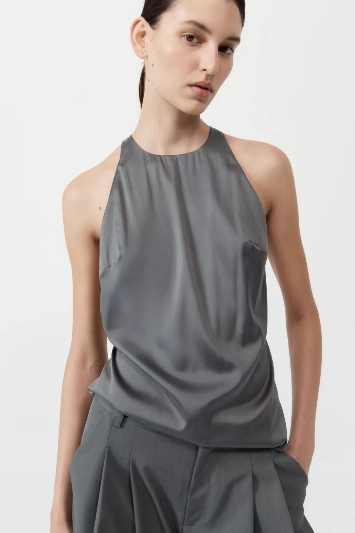 St. Agni Soft Silk Suspender Top - Pewter Grey