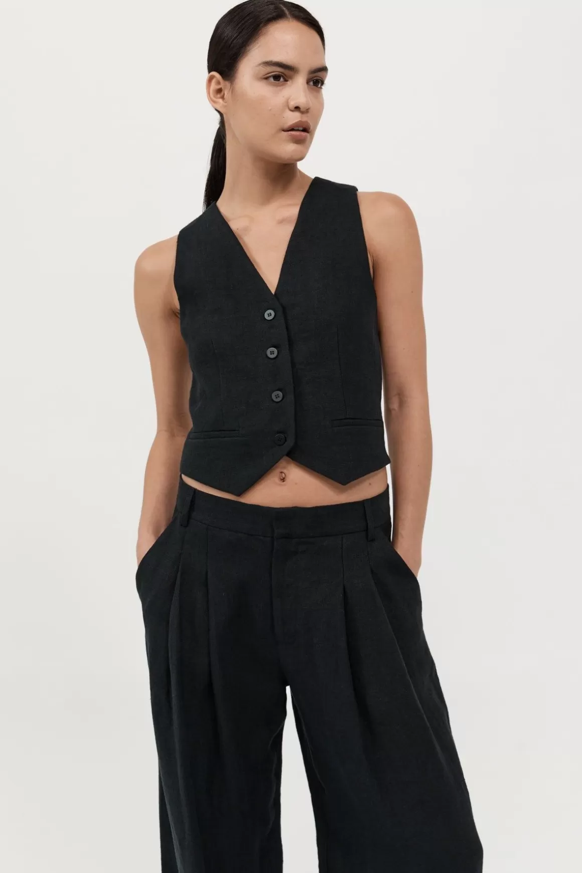 St. Agni Tailored Linen Vest - Black